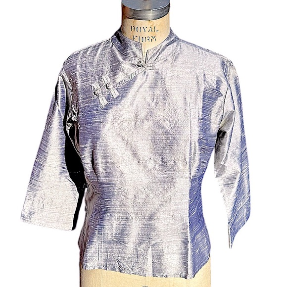 Anthropologie Tops - Anthropologie stunning platinum silver silk modern cheongsam blouse. Size Large